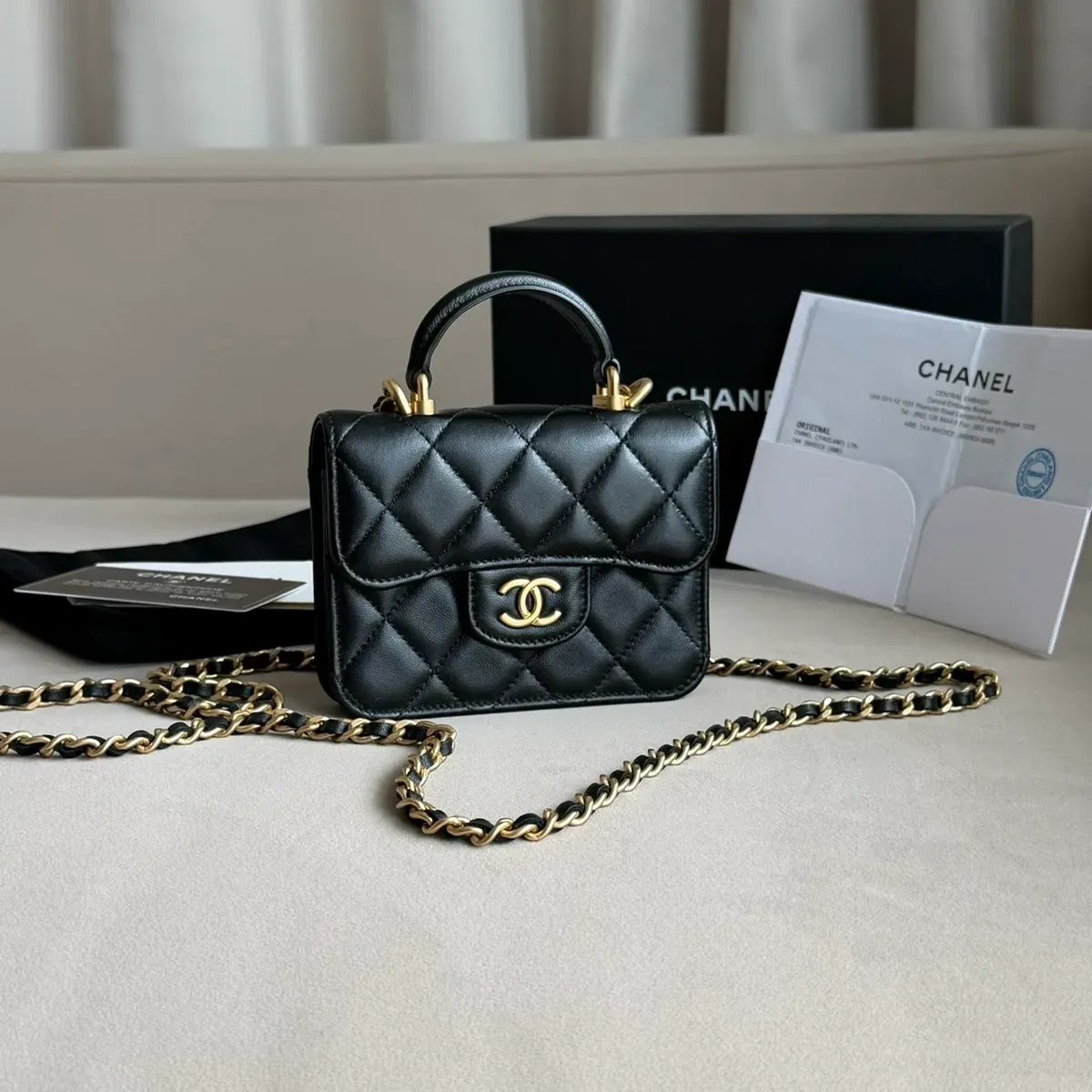 CHANEL Top Handle Flap Coin Purse with Chain Quilted Lambskin Crossbody Bag Holo31