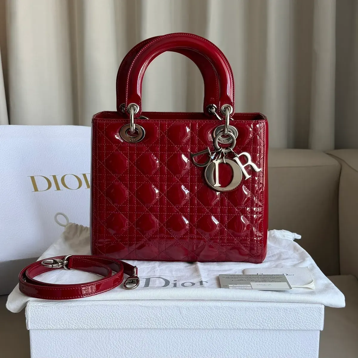 DIOR Lady Dior Medium Patent SHW 2011 สีแดงเข้ม