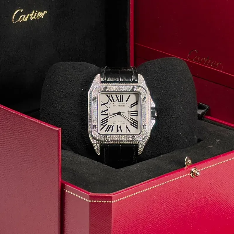 Cartier Santos XL Automatic เพชร After หน้าปัดขาว สายหนังดำ